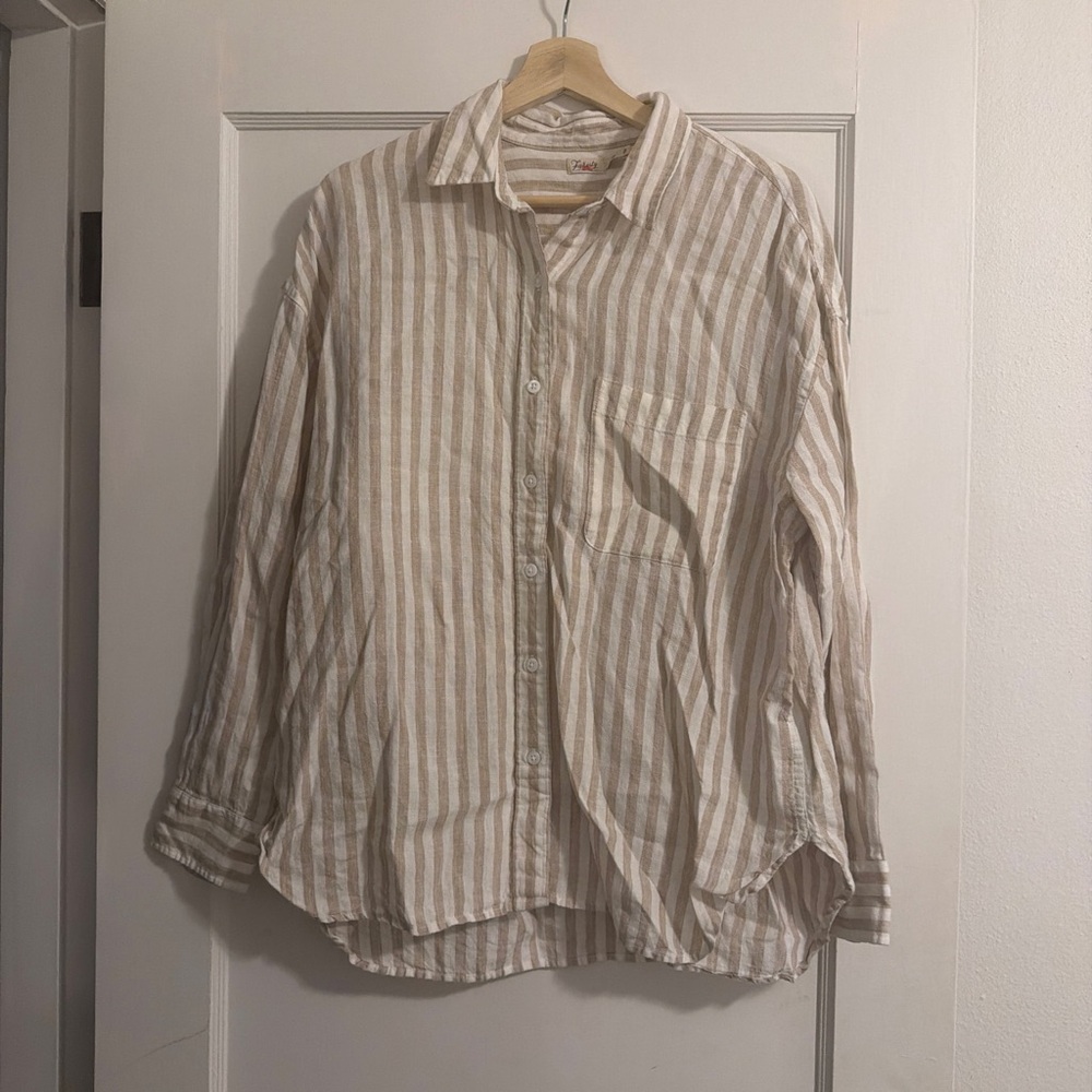 Faherty Beige and White Striped Button-Down Shirt
